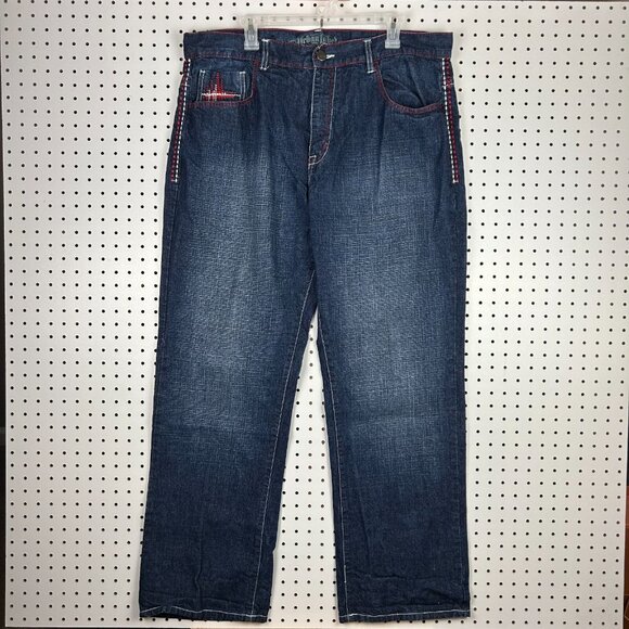 Urban Label Y2K Baggy Skater Jeans 40x32 Blue Red‎ Stitched 90s Wide Leg Gothic - Picture 4 of 9